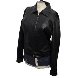 Halogen Womens Black Genuine Leather Moto Jacket Collared Zip Up Minimalist M